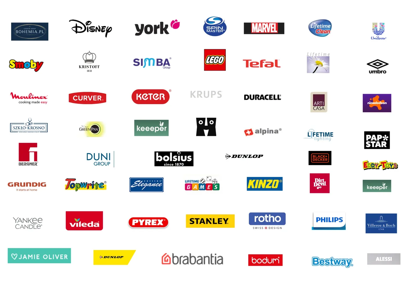 Logotypy marek dostępnych u wystawców: Disney, York, Spin Master, Marvel, Lifetime, Unilever, Smoby, Kristoff, Simba, LEGO, Tefal, Umbro, Moulinex, Curver, Keter, Krups, Duracell, Nickelodeon, Szkło-Krosno, GreenPan, Keeper, Alpina, Papstar, Bergner, Duni, Bolsius, Dunlop, Black+Decker, Eddy Toys, Grundig, Topwrite, Elegance, Kinzo, Dirt Devil, Yankee Candle, Vileda, Pyrex, Stanley, Rotho, Philips, Villeroy & Boch, Jamie Oliver, Brabantia, Bodum, Bestway, Alessi